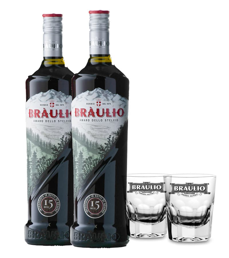 2 di Amaro alpino del Bormio invecchiato 15 anni in botte + 2 bicchieri OMAGGIO - Braulio (1 Lt)