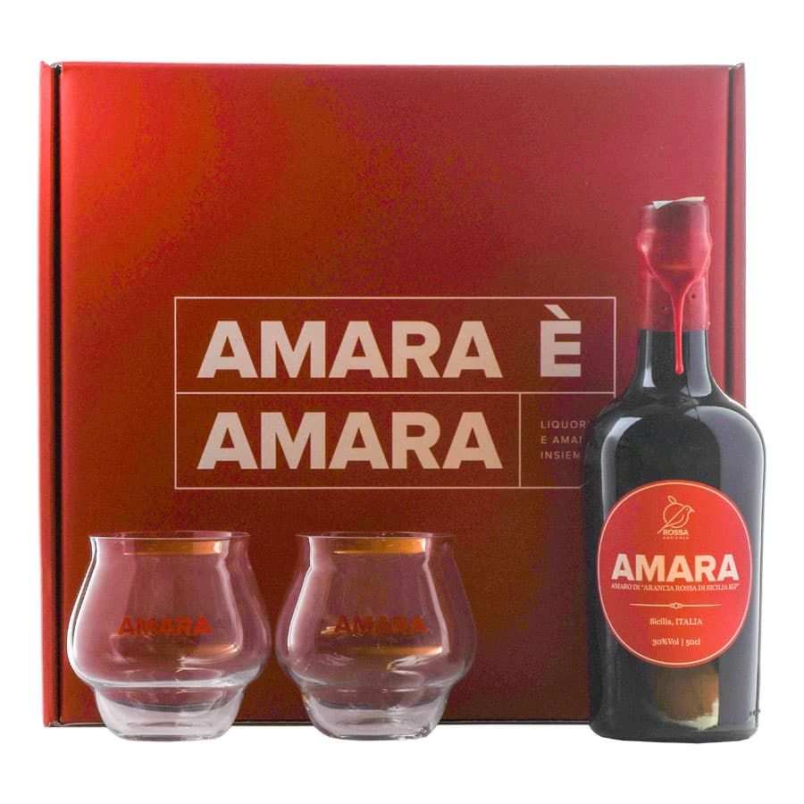 Amaro 'Amara' di Arancia Rossa di Sicilia IGP in scatola regalo con 2 Bicchieri - Rossa (500 ml)