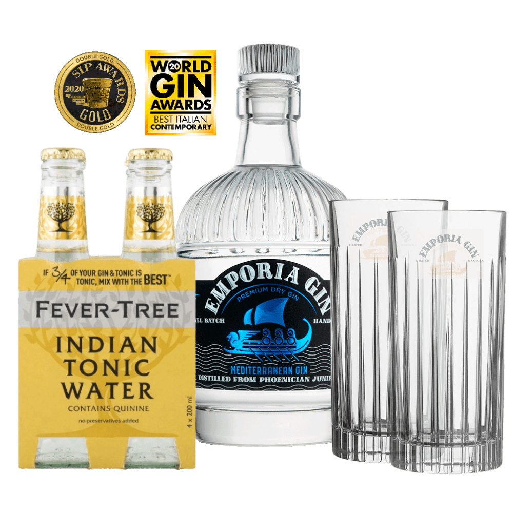 Gin Premium Small Batch Dry 'Emporia' + OMAGGIO 4 Tonica Bisleri e 2 Bicchieri Firmati Emporia Gin (700 ml)