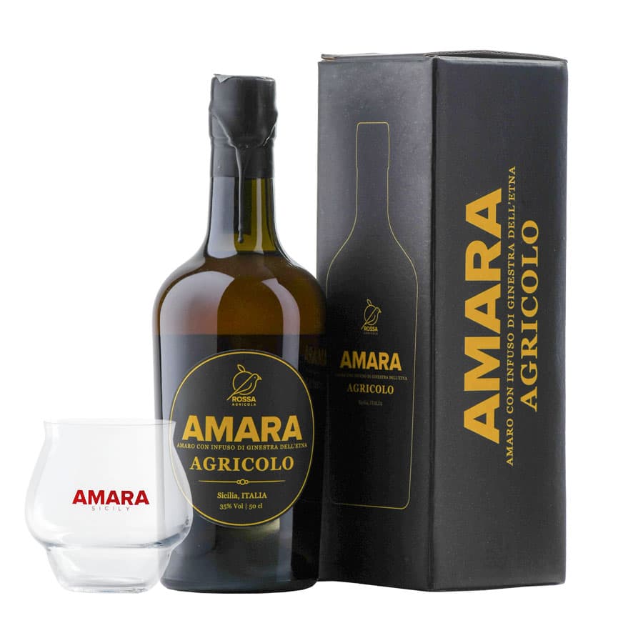 Amaro 'Amara Agricolo' con infuso di Ginestra dell'Etna (Astucciato) + Bicchiere Omaggio - Rossa (500 ml)