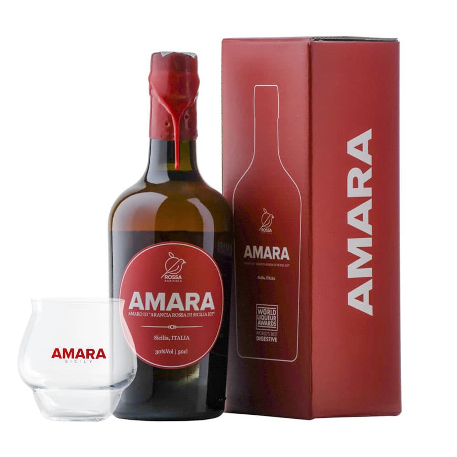 Amaro 'Amara' di Arancia Rossa di Sicilia IGP (Astucciato) + Bicchiere Omaggio - Rossa (500 ml)
