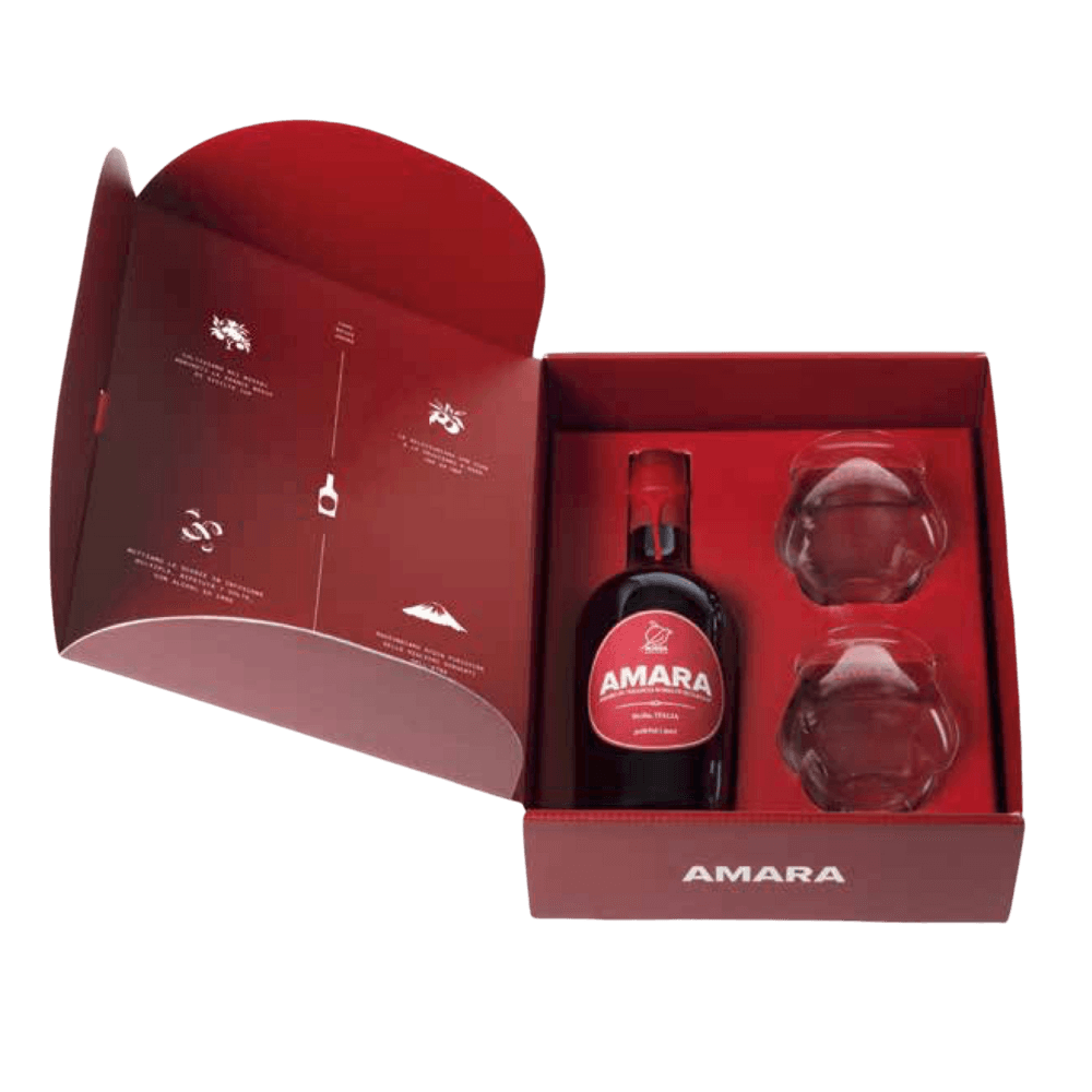 Amaro 'Amara' di Arancia Rossa di Sicilia IGP in scatola regalo con 2 Bicchieri - Rossa (500 ml)