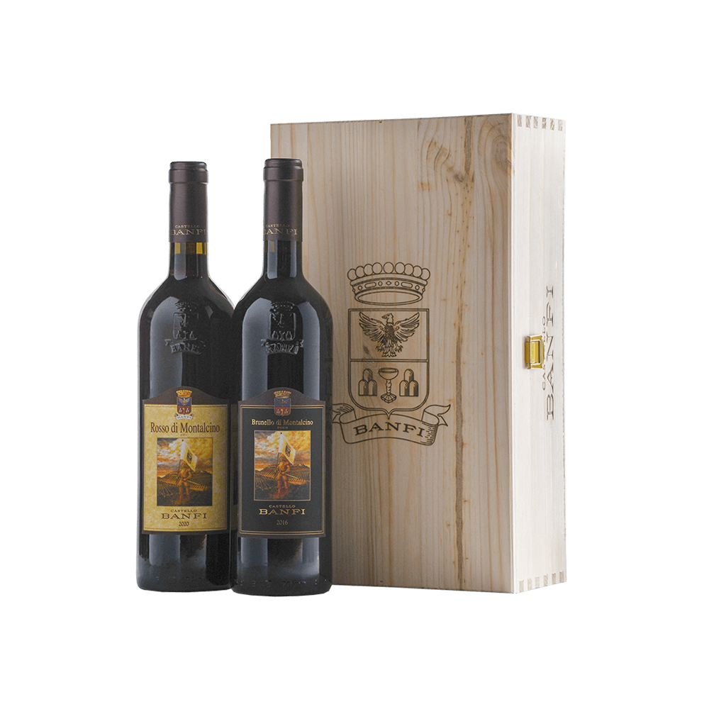 1 Brunello DOCG 2020 e 1 Rosso di Montalcino DOCG 2023 (cassetta legno) - Banfi